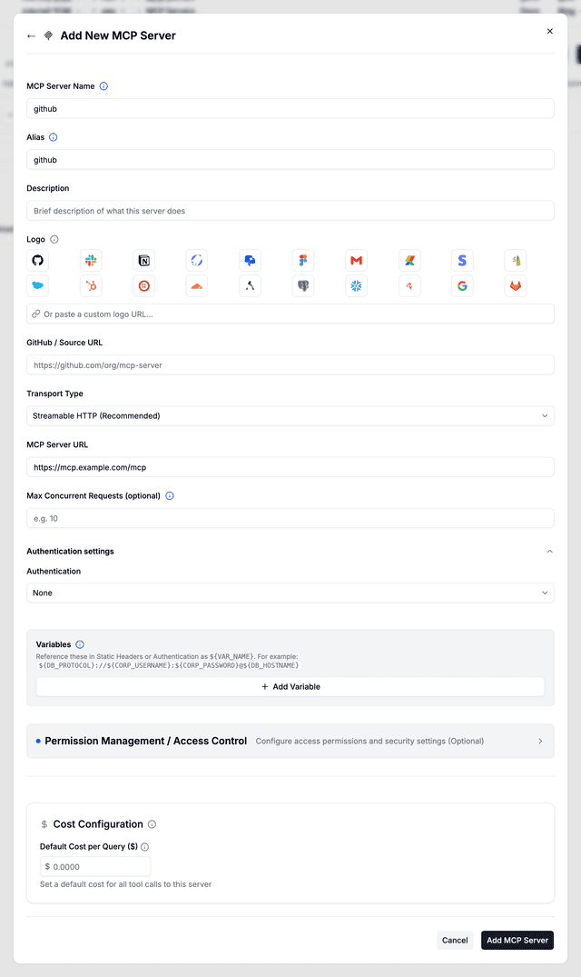 Add New MCP Server form with a Streamable HTTP server
