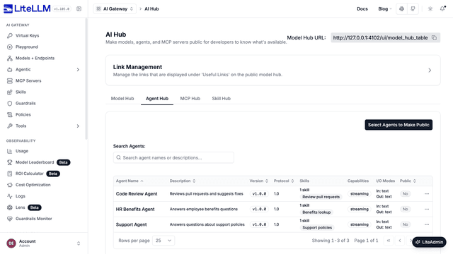 Agent Hub tab on the AI Hub page listing agents