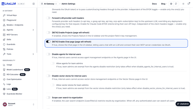 管理員設定頁面，已將 [BETA] Enable Chat page 開關開啟並標示