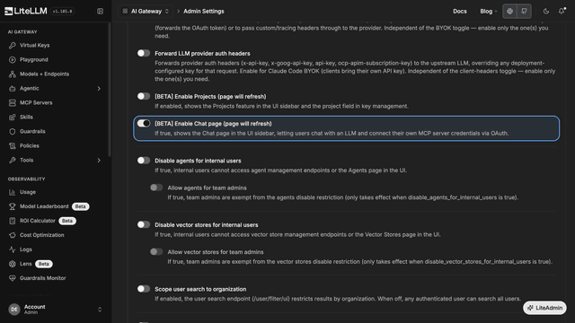 管理員設定頁面，已將 [BETA] Enable Chat page 開關開啟並標示