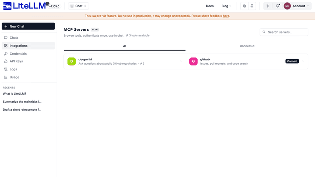 Integrations 頁面，顯示一個 MCP 伺服器與一個具有 Connect 按鈕的 OAuth 伺服器