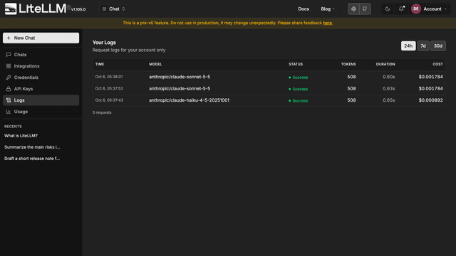Logs 頁面，顯示三個成功的請求