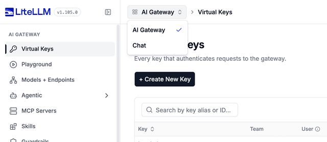 具有 AI Gateway 與 Chat 選項的檢視切換器