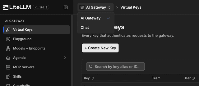 具有 AI Gateway 與 Chat 選項的檢視切換器