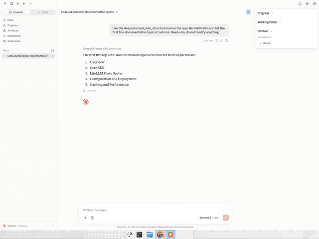 Claude Cowork 透過 LiteLLM 連接器顯示唯讀 DeepWiki 工具結果
