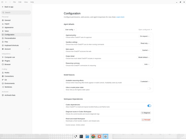 顯示 Open config.toml 連結的 Codex Configuration 設定