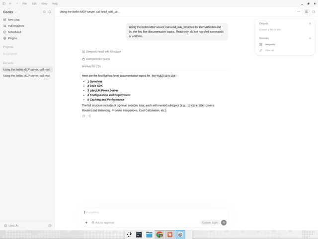 Codex 顯示透過 LiteLLM 傳回的 DeepWiki 工具結果