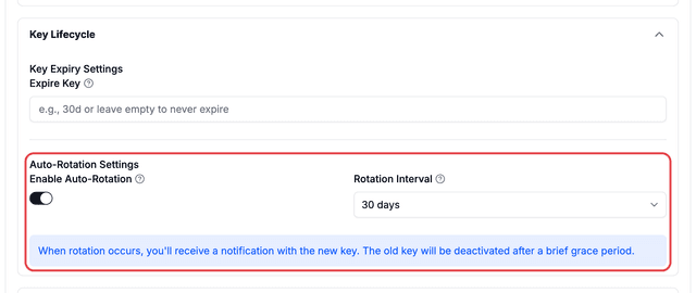 key 表單的 Key Lifecycle 區段中的自動輪換設定