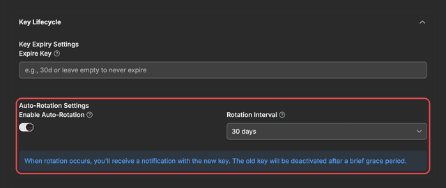 key 表單的 Key Lifecycle 區段中的自動輪換設定