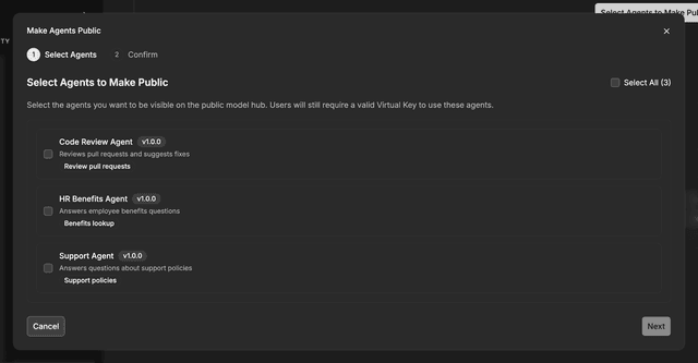 Make Agents Public dialog with agents selected