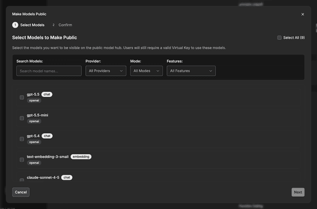 Make Models Public dialog with models selected