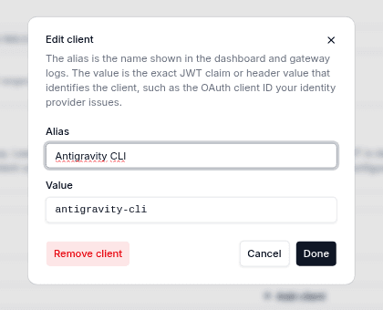 含有 alias、value 與 Remove client 控制項的用戶端對話框