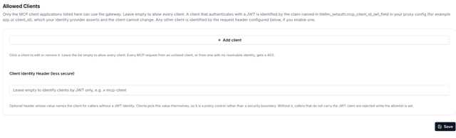 MCP Network Settings 中的 Allowed Clients 區段