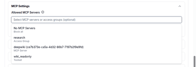 Create New Key 表單上的 Allowed MCP Servers 選擇器，列出 No MCP Servers、一個存取群組、一個 MCP 伺服器與一個工具集