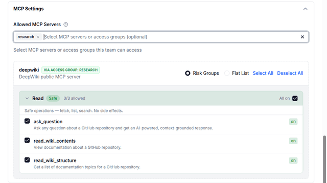 Create Team 表單中的 MCP Settings，已選取 research 存取群組，並透過它解析出 deepwiki 伺服器