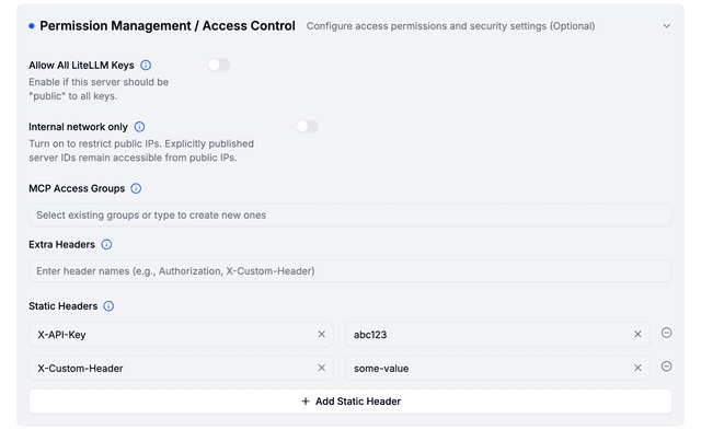 Static headers in the MCP server permission settings