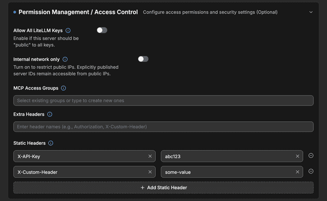 Static headers in the MCP server permission settings