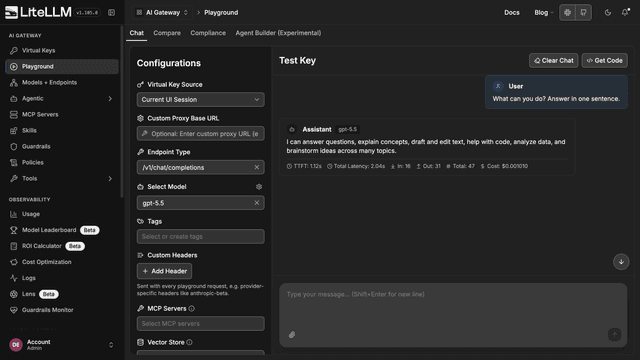 Playground showing a live response from the model with latency and token metrics