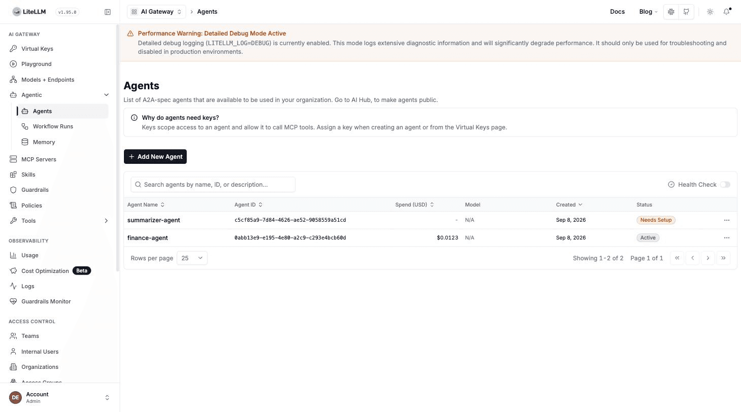 Agents 分頁顯示已在 Agent Gateway 註冊的 finance-agent 與 summarizer-agent