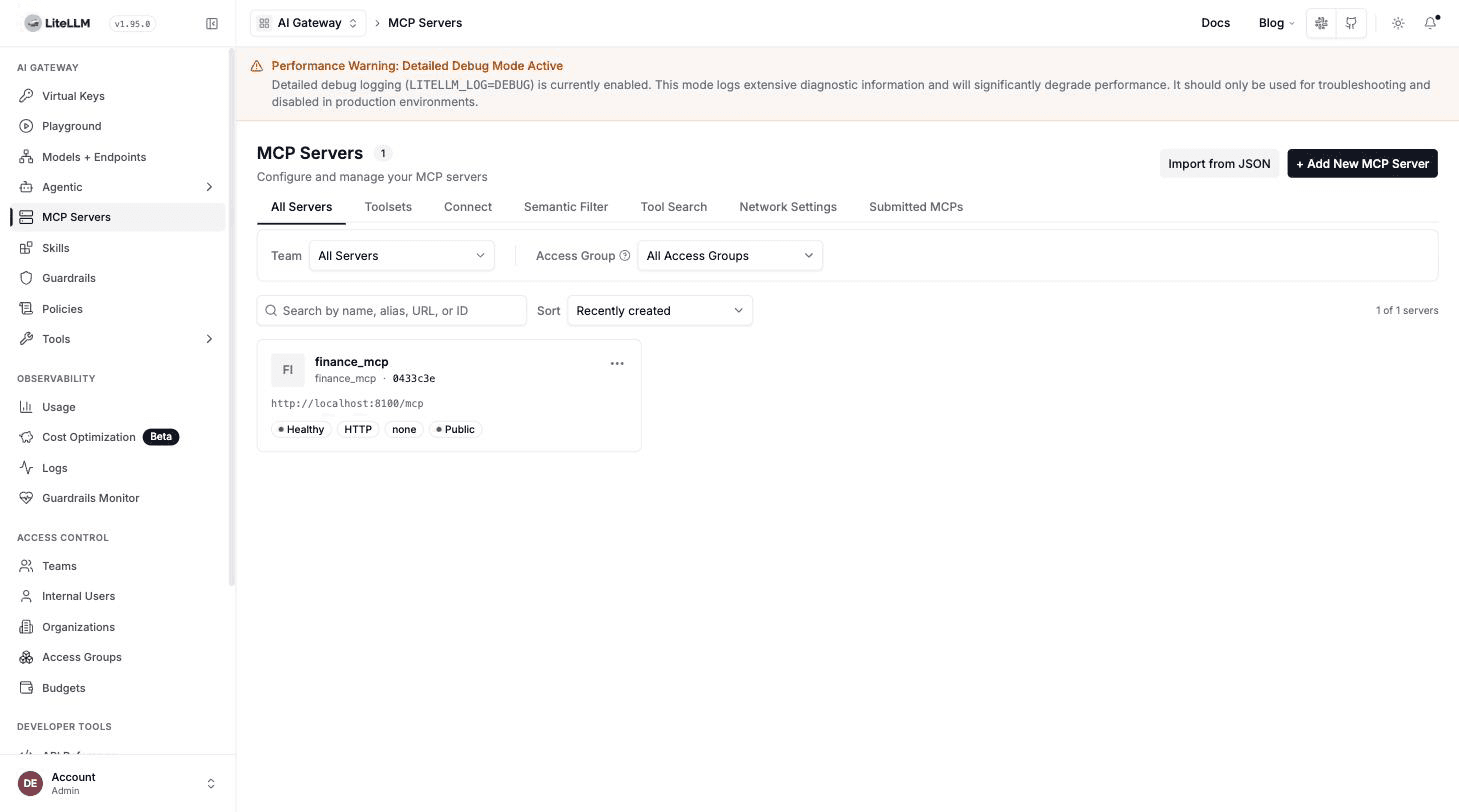 MCP Servers 分頁顯示已在 MCP Gateway 註冊的 finance_mcp 伺服器