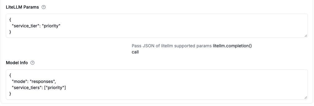 Advanced Settings 中的 Fast 模式，service_tier 設為 priority，且 Model Info 設為 responses 只包含 priority 層級