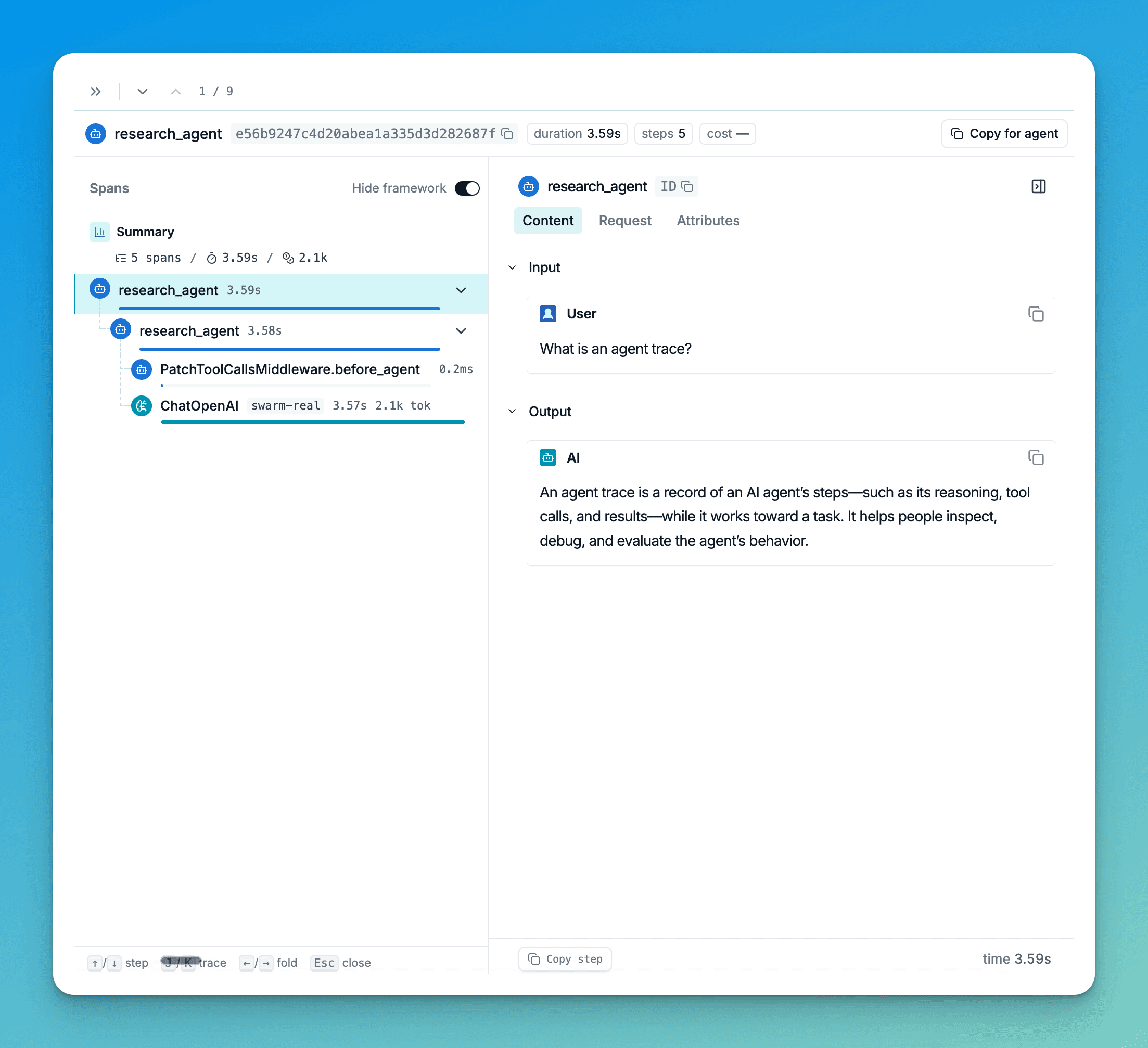 research_agent trace，包含其問題、模型呼叫與最終答案。