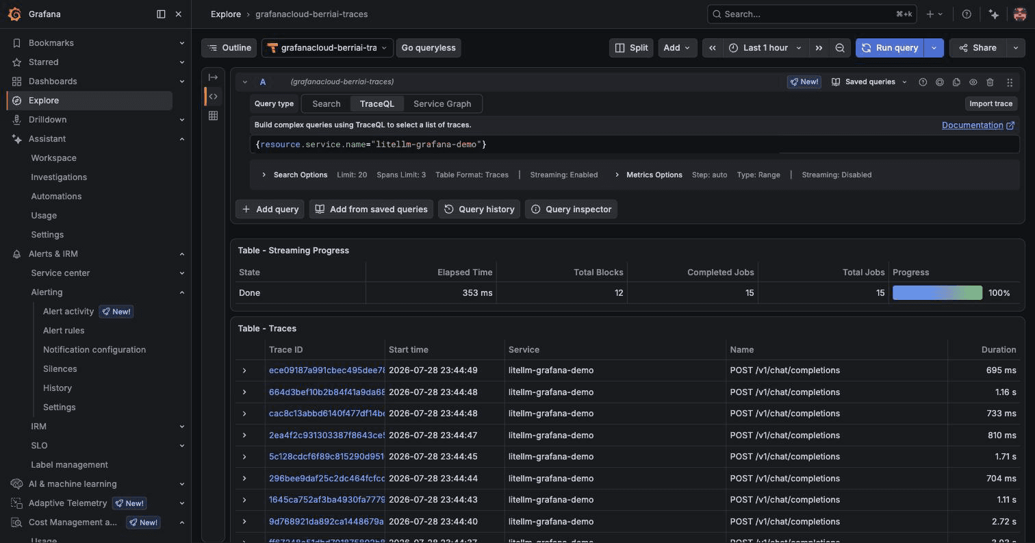 Grafana Cloud Tempo 中的 LiteLLM 追蹤