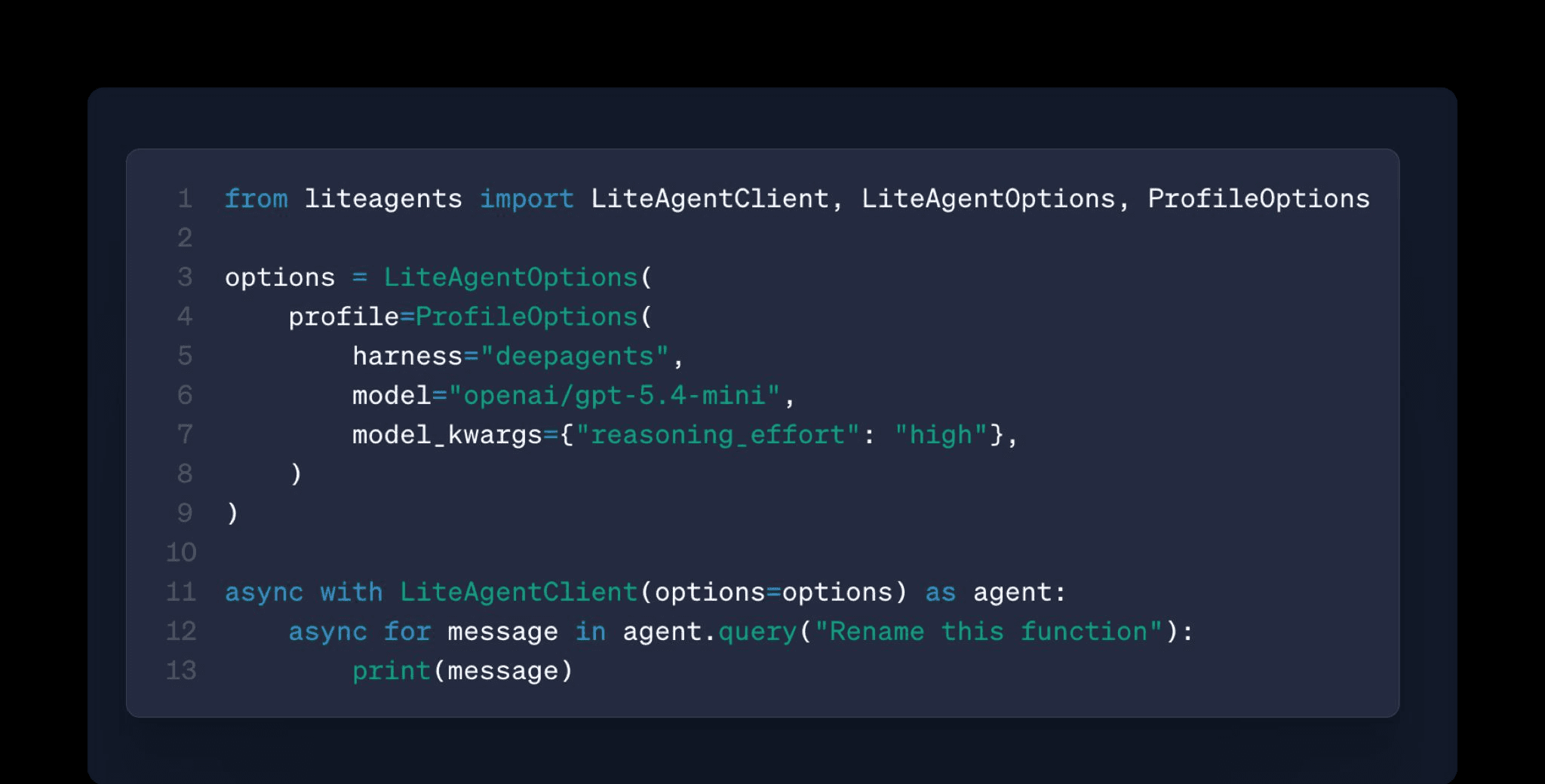 liteagents SDK 程式碼範例:以 ProfileOptions 區塊設定 LiteAgentClient,選擇 deepagents harness 和一個模型,然後查詢回應