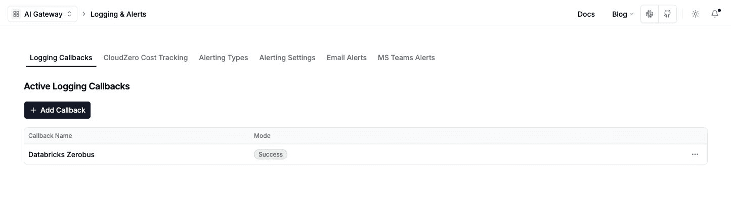 LiteLLM 中已列出為已設定 logging callback 的 Databricks Zerobus
