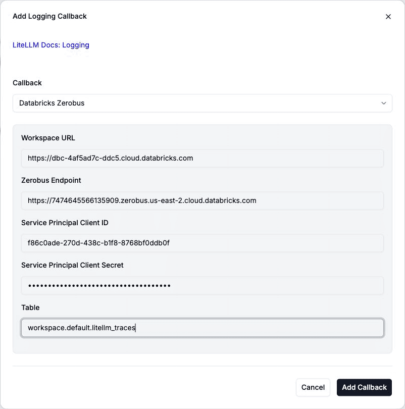 LiteLLM Admin UI 中的 Databricks Zerobus 設定表單