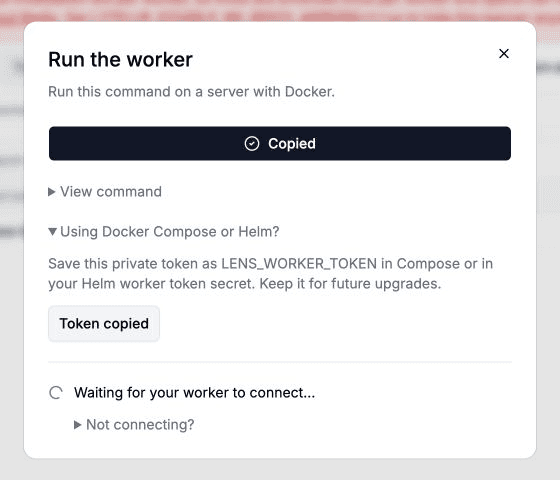 為 Docker Compose 或 Helm 複製私有 worker token
