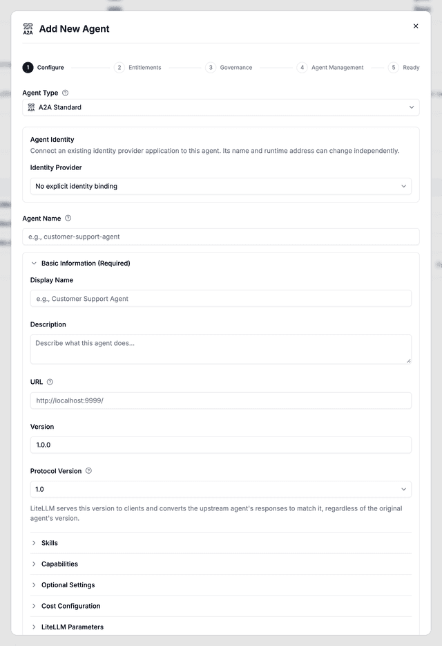 Add New Agent dialog in the Admin UI