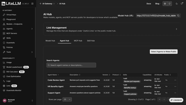 Agent Hub tab on the AI Hub page listing agents