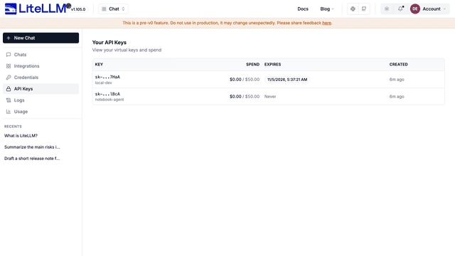 The API Keys page with two virtual keys