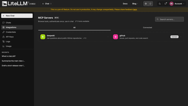 The Integrations page with one MCP server and one OAuth server with a Connect button