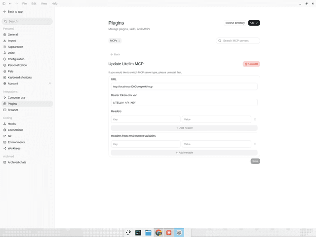 Codex MCP server form with a LiteLLM server URL and LITELLM_API_KEY bearer token environment variable