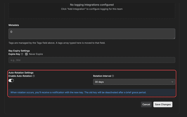 Auto-Rotation Settings in the key edit form