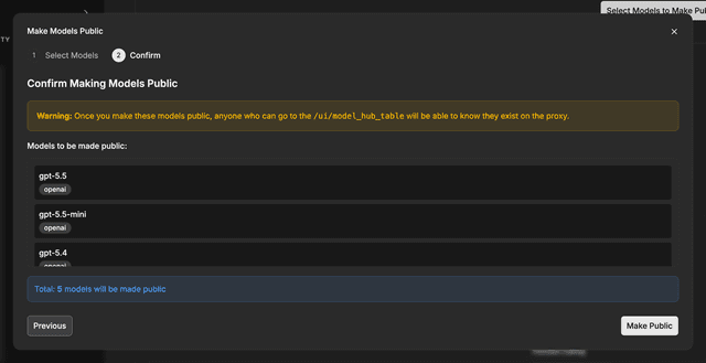 Confirmation step listing the models that will be made public
