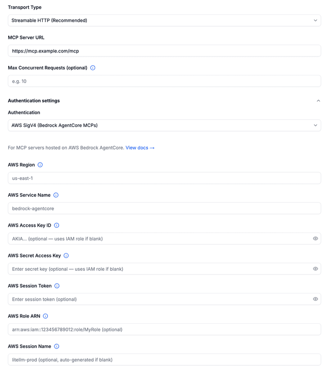 AWS SigV4 authentication settings for an MCP server
