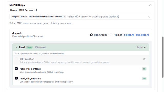 MCP Settings on the Create New Key form with the deepwiki server selected and two of three tools allowed