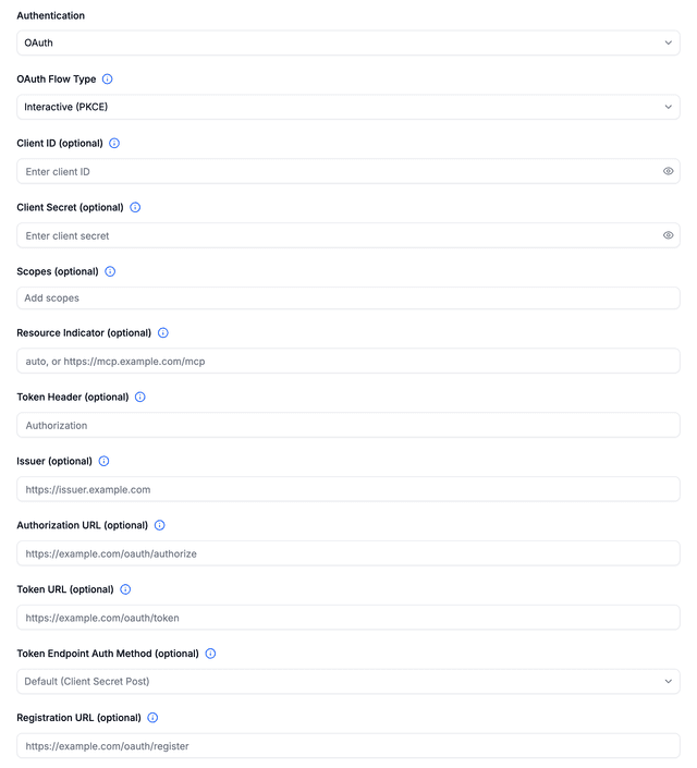 OAuth authentication settings for an MCP server