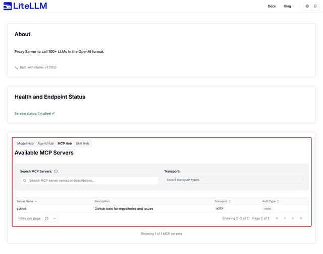 Public AI Hub showing the MCP Hub tab