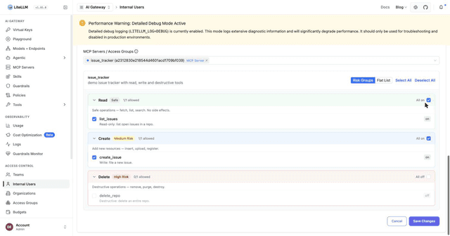 MCP entitlements section on the internal user detail page