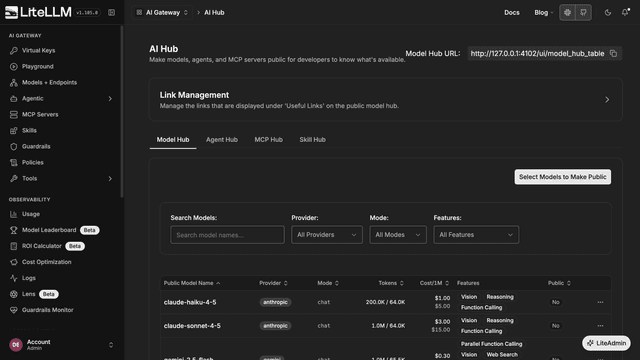 AI Hub page in the Admin UI with the Select Models to Make Public button