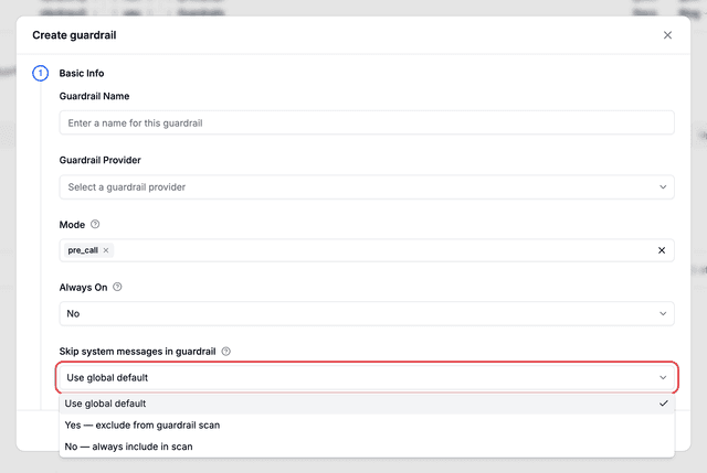 Create guardrail: Skip system messages in guardrail dropdown with Use global default, Yes exclude from guardrail scan, and No always include in scan