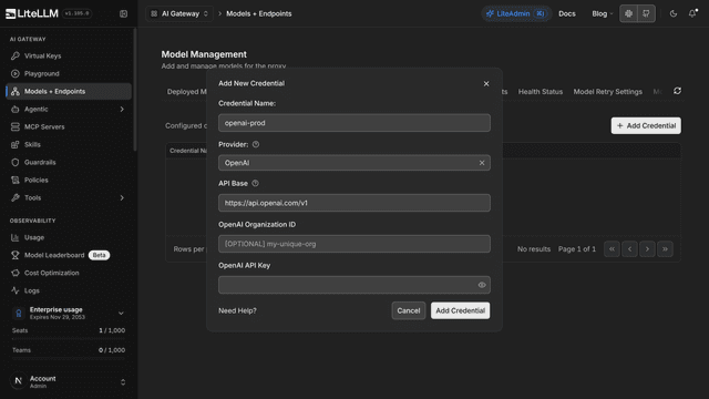 Add New Credential modal with OpenAI selected as the provider