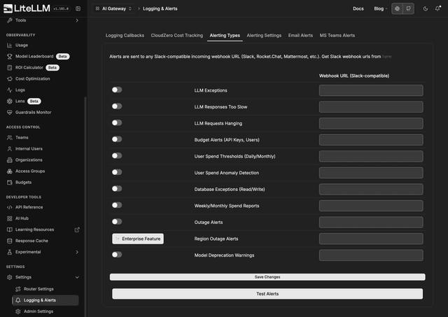 Alerting Types tab in the Admin UI with per-alert toggles and Slack webhook fields