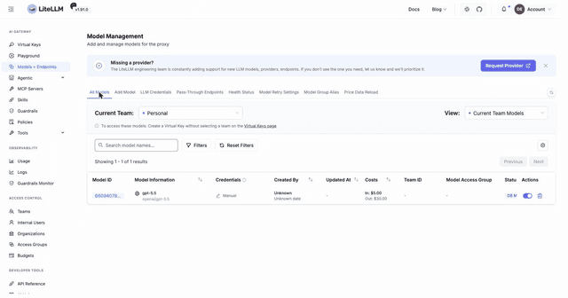 All Models list in the Admin UI