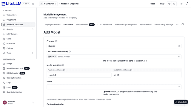 Add Model form with OpenAI provider and gpt-5.5 selected