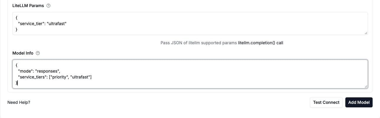 Advanced Settings showing service_tier set to ultrafast and Model Info with responses mode and the advertised service tiers